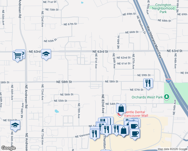 map of restaurants, bars, coffee shops, grocery stores, and more near 8008 Northeast 58th Street in Vancouver