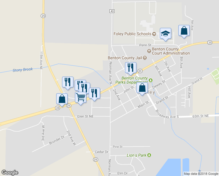map of restaurants, bars, coffee shops, grocery stores, and more near 127 Minnesota 23 in Foley