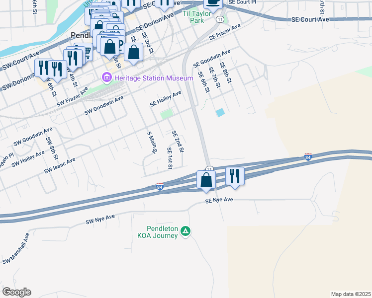 map of restaurants, bars, coffee shops, grocery stores, and more near 943 Southeast 2nd Street in Pendleton