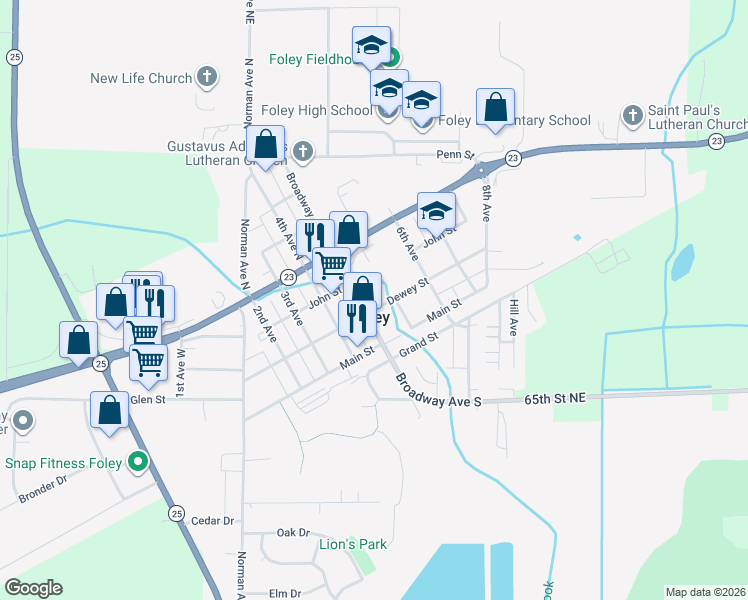 map of restaurants, bars, coffee shops, grocery stores, and more near 455 Dewey Street in Foley