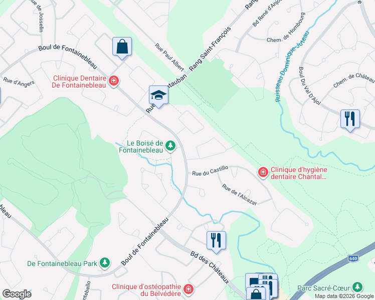map of restaurants, bars, coffee shops, grocery stores, and more near 526 Boulevard de Fontainebleau in Blainville