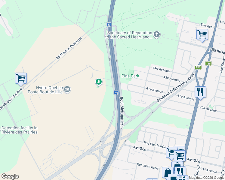 map of restaurants, bars, coffee shops, grocery stores, and more near 4040 40e Avenue in Montréal