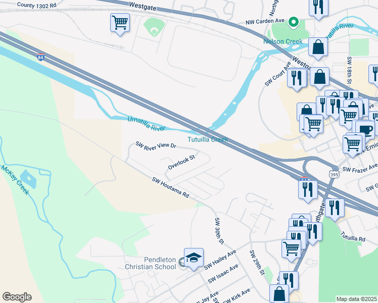 map of restaurants, bars, coffee shops, grocery stores, and more near 3069 Southwest River View Drive in Pendleton