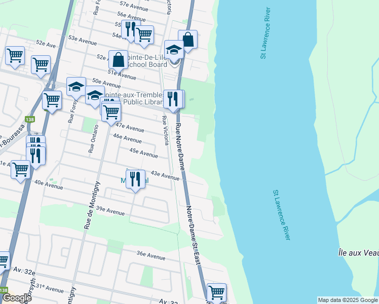 map of restaurants, bars, coffee shops, grocery stores, and more near 13900 Rue Notre Dame Est in Montréal