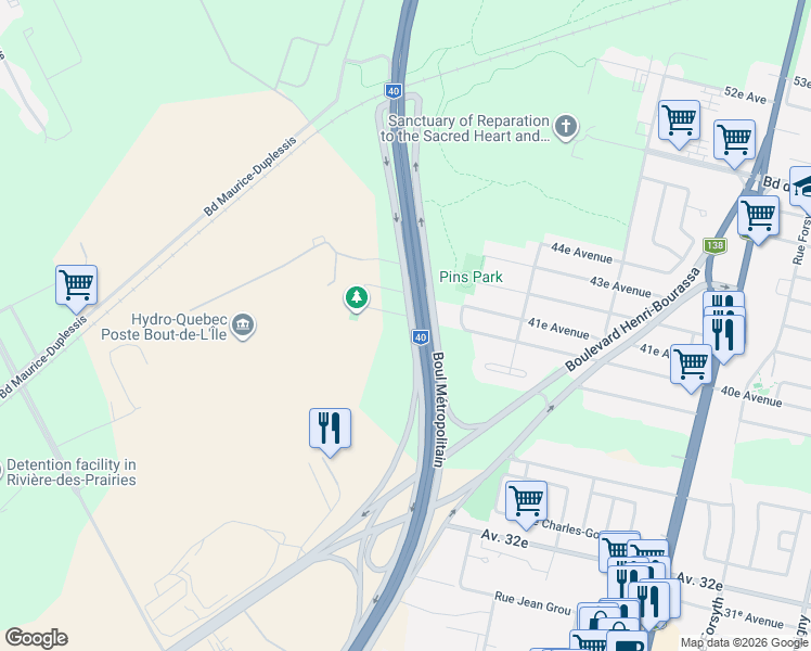 map of restaurants, bars, coffee shops, grocery stores, and more near 4040 40e Avenue in Montréal