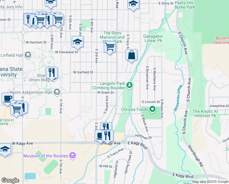 map of restaurants, bars, coffee shops, grocery stores, and more near 1301 South Willson Avenue in Bozeman