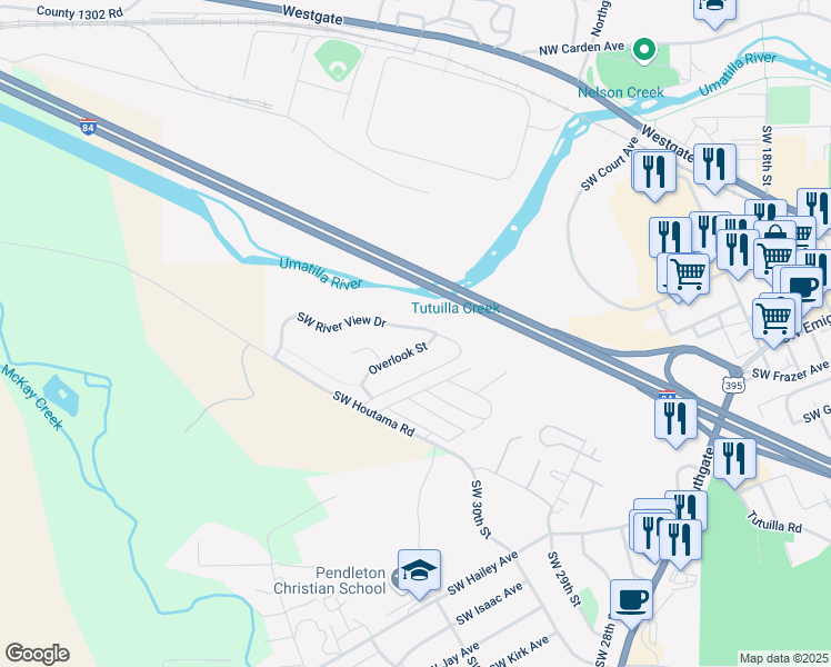 map of restaurants, bars, coffee shops, grocery stores, and more near 3069 Southwest River View Drive in Pendleton