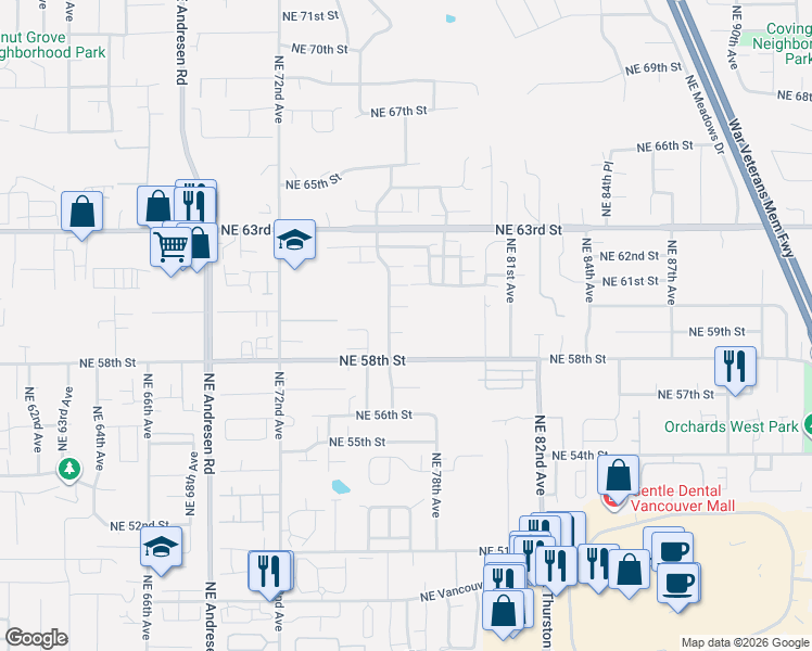 map of restaurants, bars, coffee shops, grocery stores, and more near 7606 Northeast 59th Circle in Vancouver