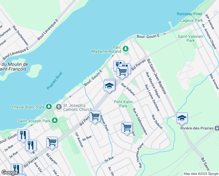map of restaurants, bars, coffee shops, grocery stores, and more near 10335 Boulevard Perras in Montréal