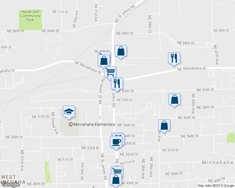 map of restaurants, bars, coffee shops, grocery stores, and more near 5917 Northeast Saint Johns Road in Vancouver