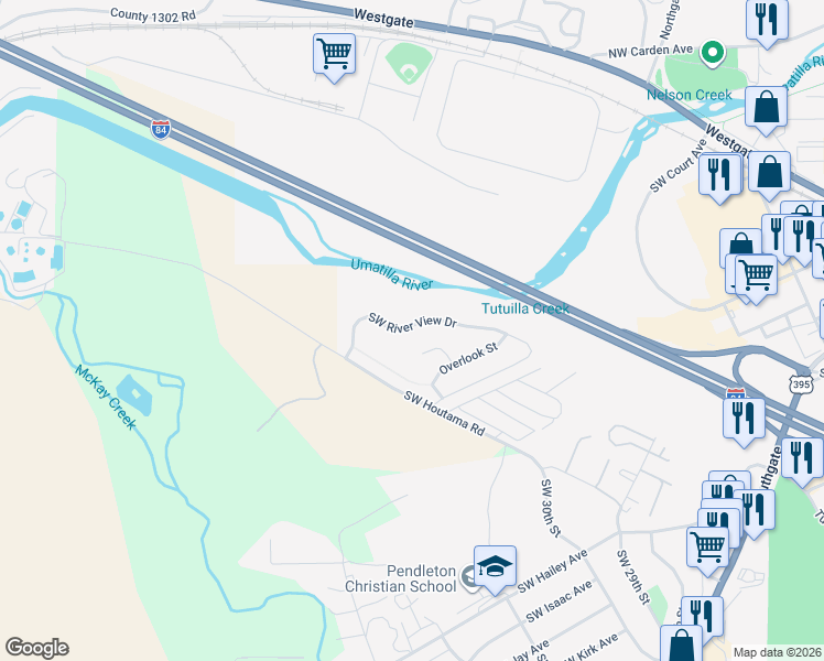 map of restaurants, bars, coffee shops, grocery stores, and more near 3127 Southwest River View Drive in Pendleton