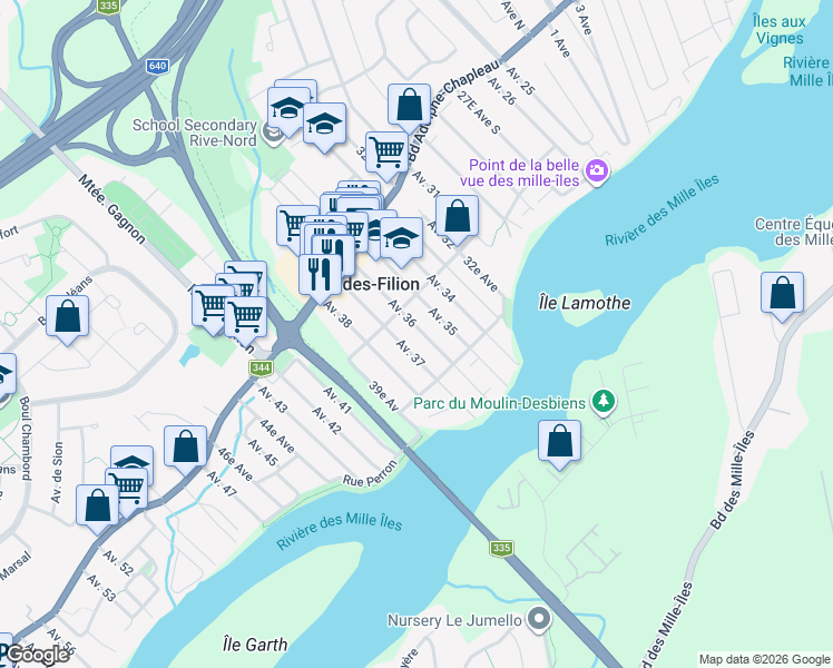 map of restaurants, bars, coffee shops, grocery stores, and more near 30 Avenue 36 in Bois-des-Filion