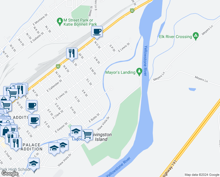 map of restaurants, bars, coffee shops, grocery stores, and more near 81 View Vista Drive in Livingston