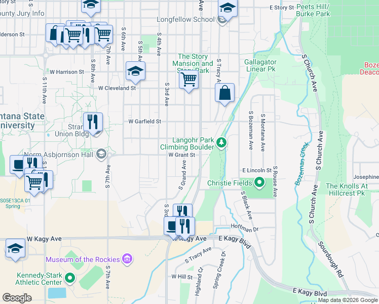map of restaurants, bars, coffee shops, grocery stores, and more near 1303 South Grand Avenue in Bozeman