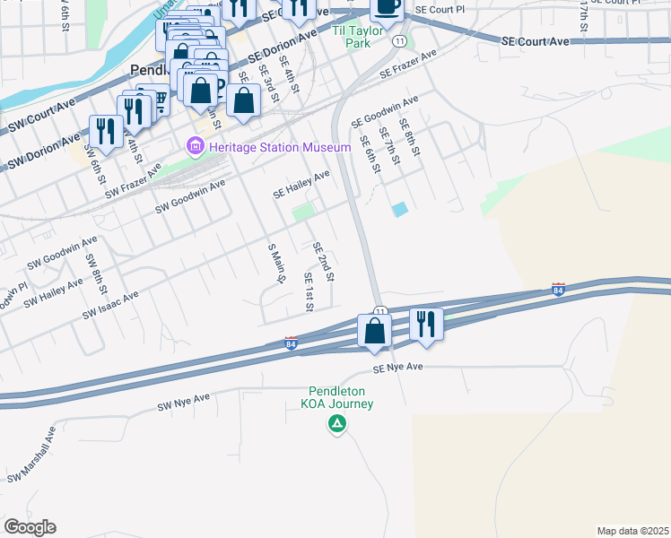 map of restaurants, bars, coffee shops, grocery stores, and more near 838 Southeast 2nd Street in Pendleton