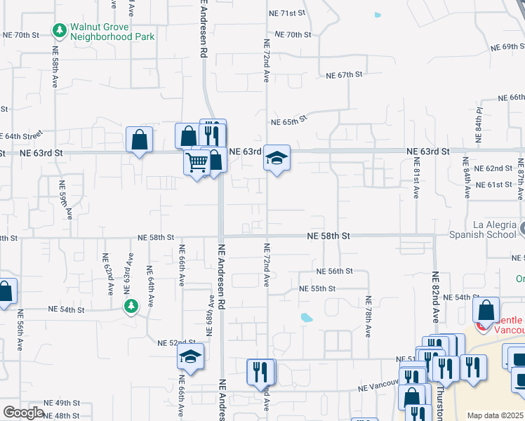 map of restaurants, bars, coffee shops, grocery stores, and more near 6004 Northeast 72nd Avenue in Vancouver