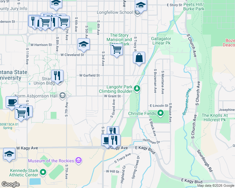 map of restaurants, bars, coffee shops, grocery stores, and more near 1301 South Willson Avenue in Bozeman