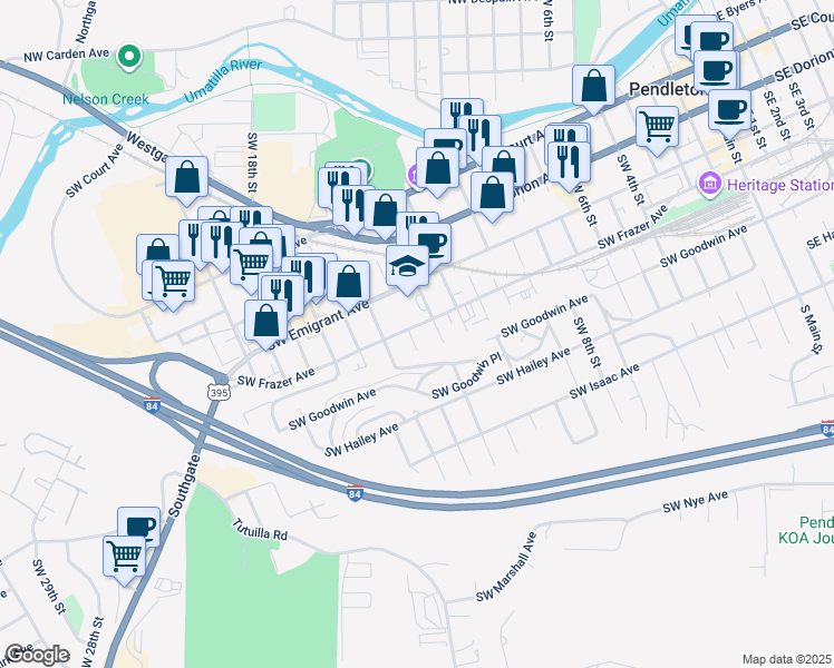 map of restaurants, bars, coffee shops, grocery stores, and more near 533 Southwest 14th Street in Pendleton