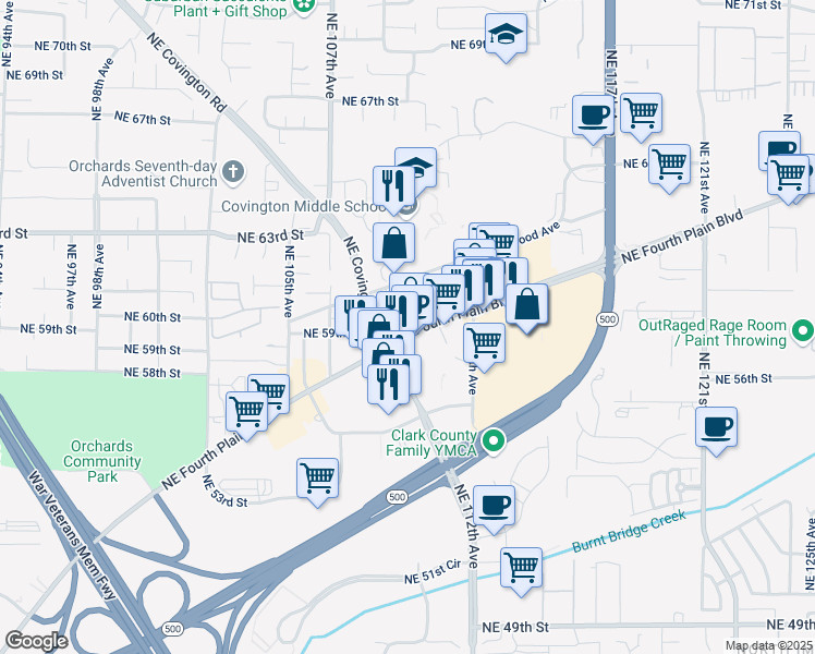 map of restaurants, bars, coffee shops, grocery stores, and more near 6000 Northeast 110th Avenue in Vancouver