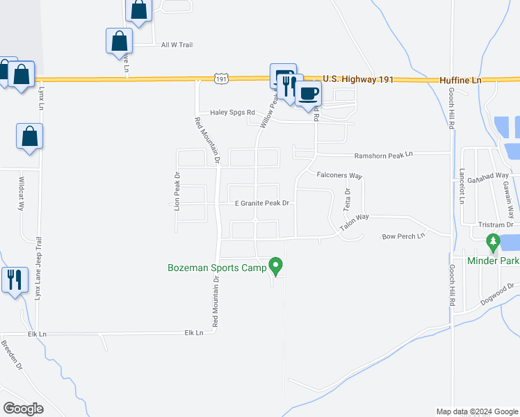 map of restaurants, bars, coffee shops, grocery stores, and more near 378 Willow Peak Drive in Bozeman