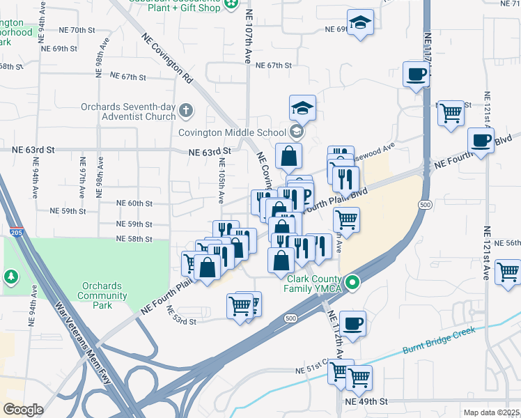 map of restaurants, bars, coffee shops, grocery stores, and more near 6006 Northeast 107th Avenue in Vancouver