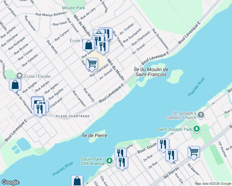 map of restaurants, bars, coffee shops, grocery stores, and more near 8450 Boulevard Lévesque Est in Laval