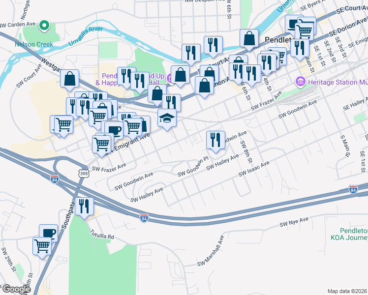 map of restaurants, bars, coffee shops, grocery stores, and more near 1206 Southwest Frazer Avenue in Pendleton