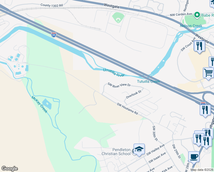 map of restaurants, bars, coffee shops, grocery stores, and more near 3109 Southwest River View Drive in Pendleton