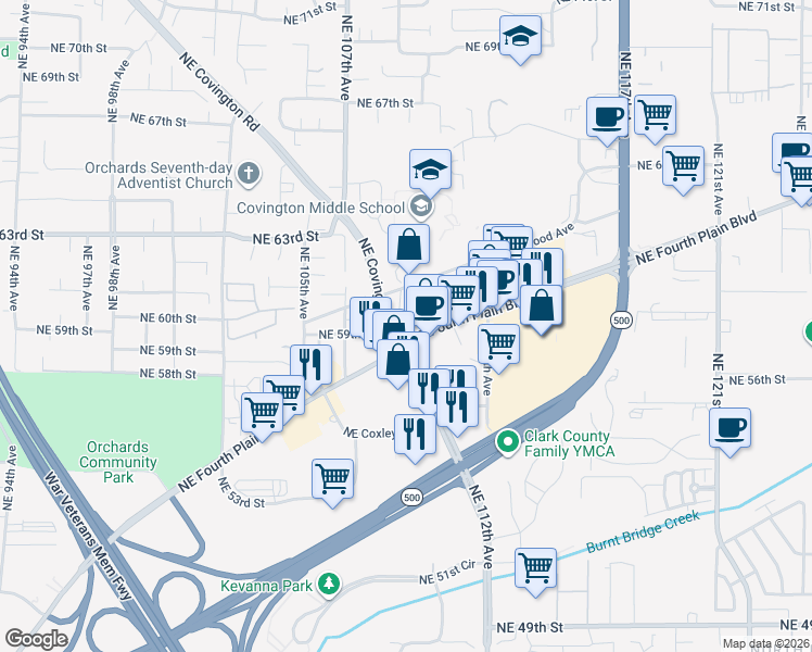 map of restaurants, bars, coffee shops, grocery stores, and more near 6000 Northeast 110th Avenue in Vancouver