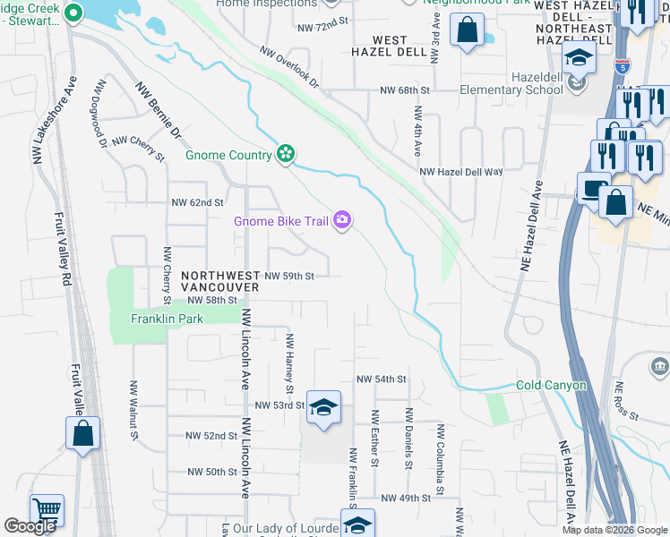 map of restaurants, bars, coffee shops, grocery stores, and more near 5907 Northwest Franklin Street in Vancouver