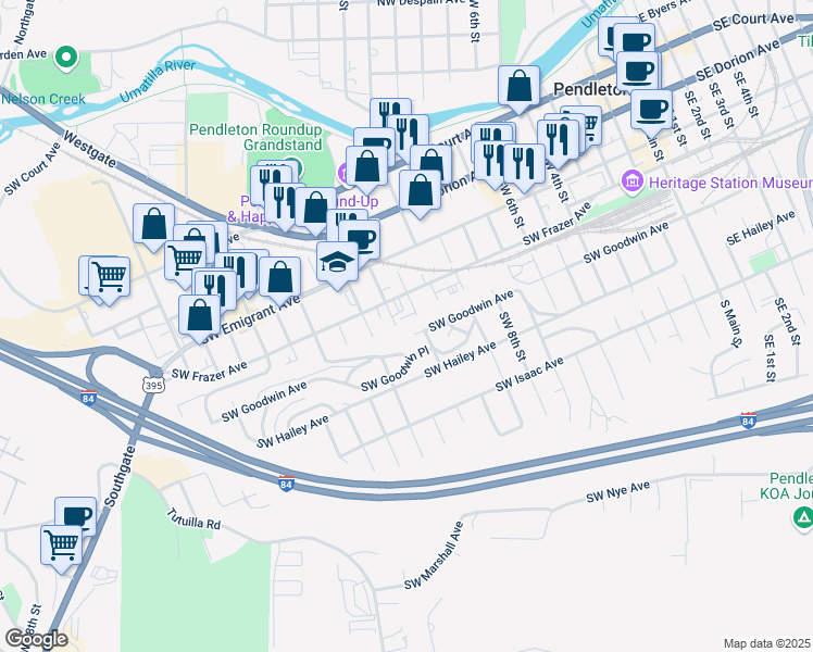 map of restaurants, bars, coffee shops, grocery stores, and more near 510 Southwest 11th Street in Pendleton