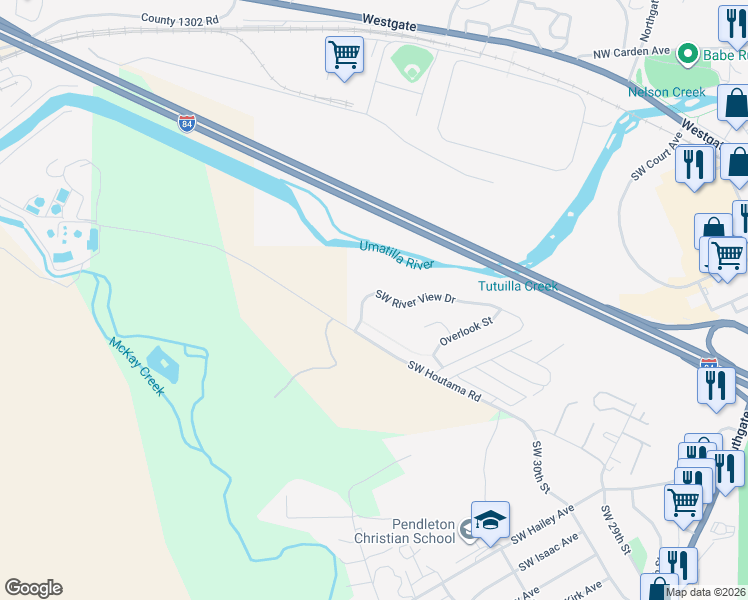 map of restaurants, bars, coffee shops, grocery stores, and more near 3112 Southwest River View Drive in Pendleton
