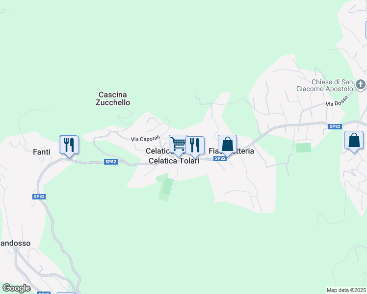 map of restaurants, bars, coffee shops, grocery stores, and more near 32 Via Celatica in Celatica-tolari