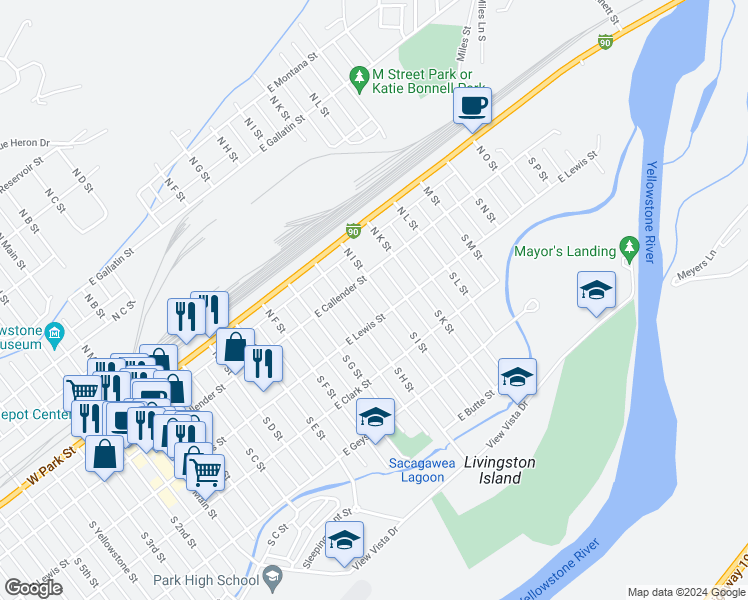 map of restaurants, bars, coffee shops, grocery stores, and more near 914 East Callender Street in Livingston