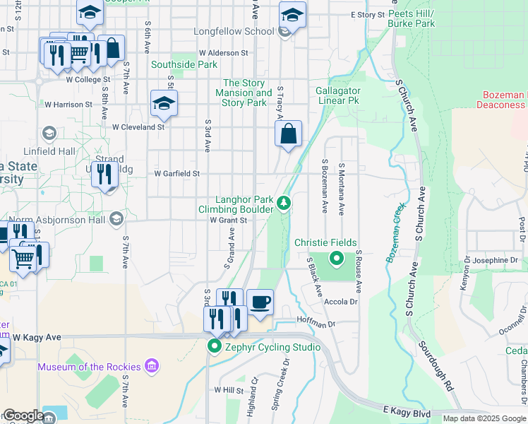map of restaurants, bars, coffee shops, grocery stores, and more near 1301 South Willson Avenue in Bozeman