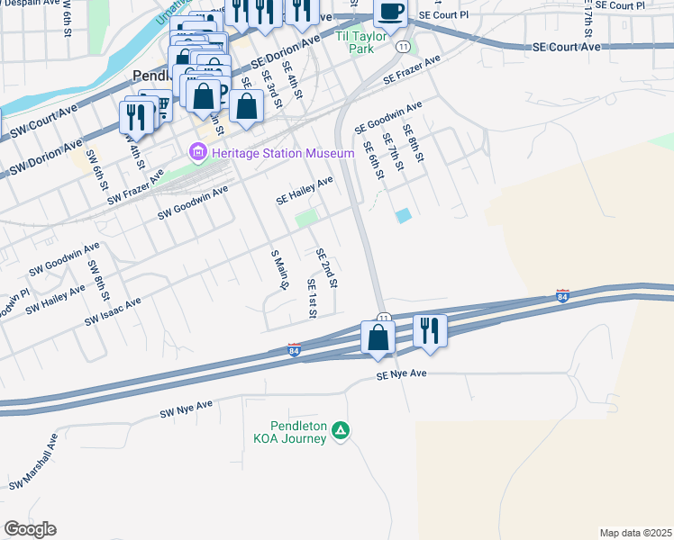 map of restaurants, bars, coffee shops, grocery stores, and more near 838 Southeast 2nd Street in Pendleton