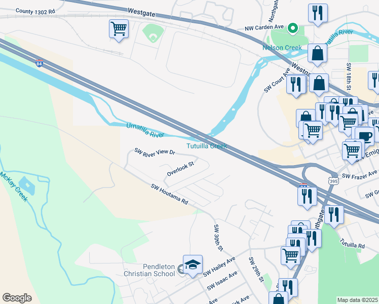 map of restaurants, bars, coffee shops, grocery stores, and more near 3069 Southwest River View Drive in Pendleton
