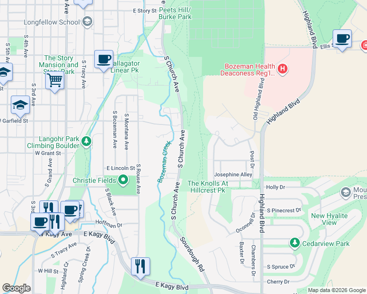 map of restaurants, bars, coffee shops, grocery stores, and more near 1208 South Church Avenue in Bozeman