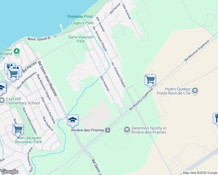 map of restaurants, bars, coffee shops, grocery stores, and more near 12175 86e Avenue in Montréal