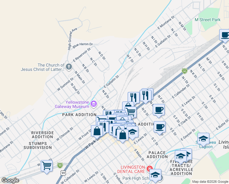 map of restaurants, bars, coffee shops, grocery stores, and more near 427 N C St in Livingston