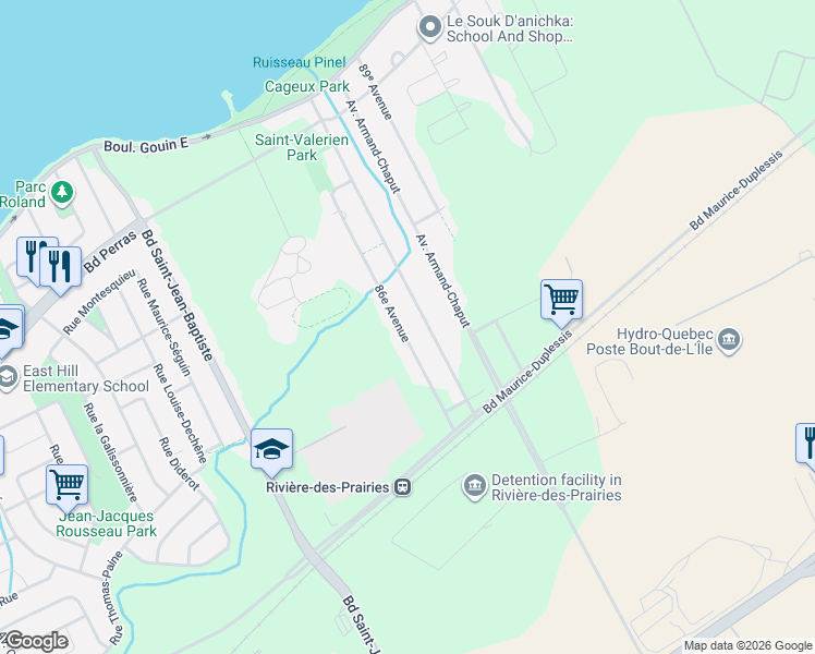 map of restaurants, bars, coffee shops, grocery stores, and more near 12175 86e Avenue in Montréal