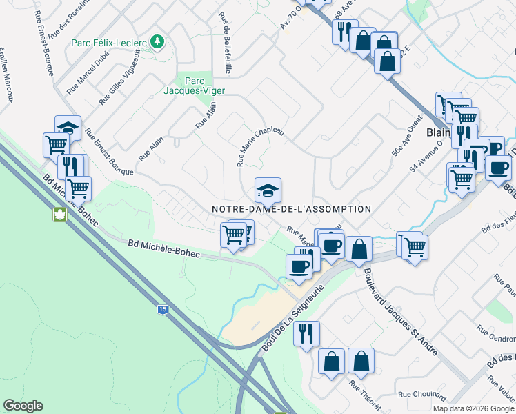 map of restaurants, bars, coffee shops, grocery stores, and more near 235 Rue Marie Chapleau in Blainville