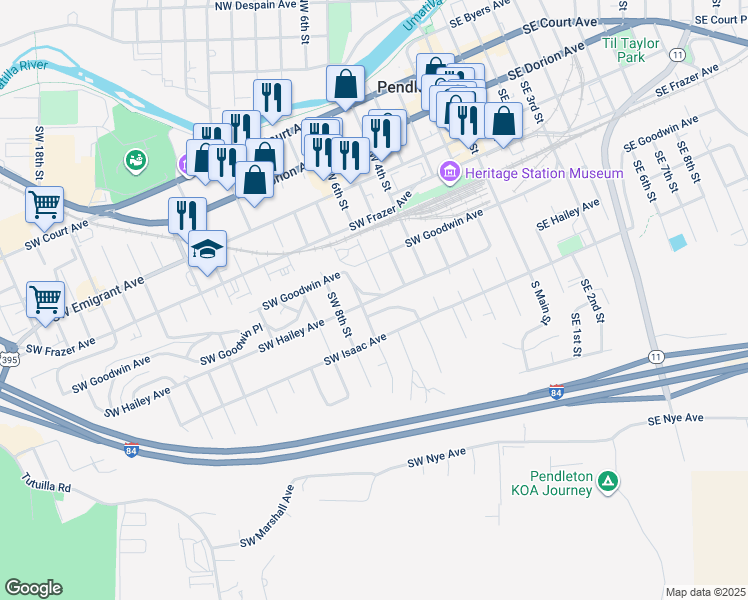 map of restaurants, bars, coffee shops, grocery stores, and more near 604 Southwest Hailey Avenue in Pendleton