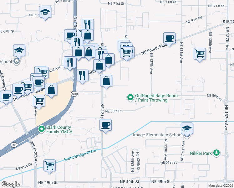 map of restaurants, bars, coffee shops, grocery stores, and more near 12225 Northeast 60th Way in Vancouver