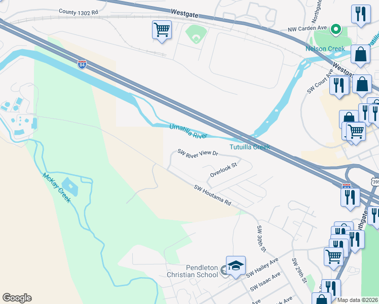map of restaurants, bars, coffee shops, grocery stores, and more near 3109 Southwest River View Drive in Pendleton