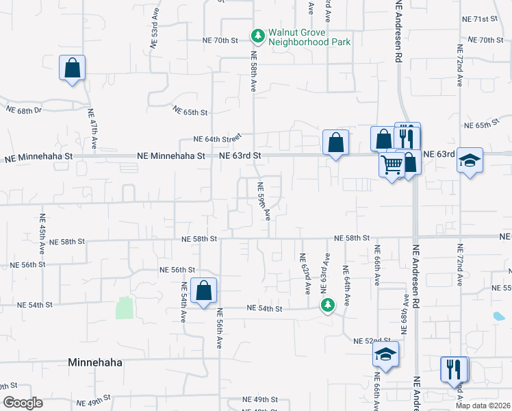 map of restaurants, bars, coffee shops, grocery stores, and more near 6001 Northeast 59th Avenue in Vancouver