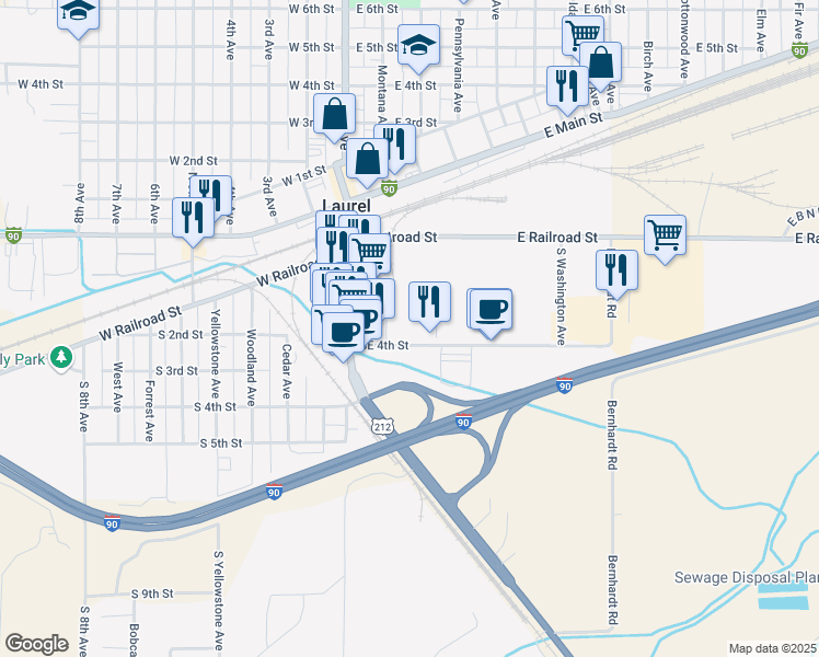 map of restaurants, bars, coffee shops, grocery stores, and more near 205 Southeast 4th Street in Laurel