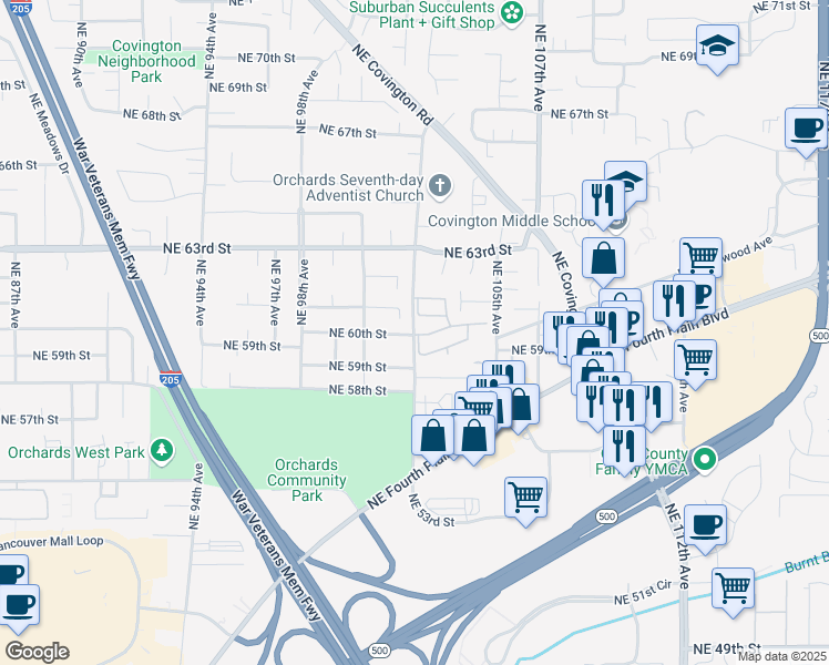 map of restaurants, bars, coffee shops, grocery stores, and more near 6007 Northeast 102nd Avenue in Vancouver