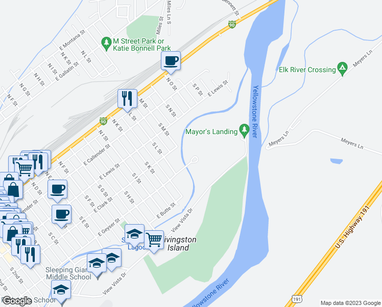 map of restaurants, bars, coffee shops, grocery stores, and more near 81 View Vista Drive in Livingston