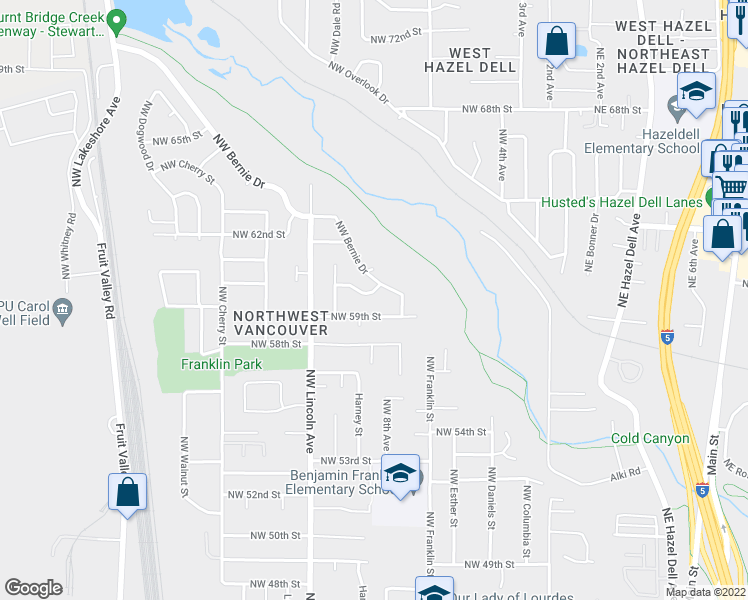 map of restaurants, bars, coffee shops, grocery stores, and more near 5921 Northwest Bernie Drive in Vancouver